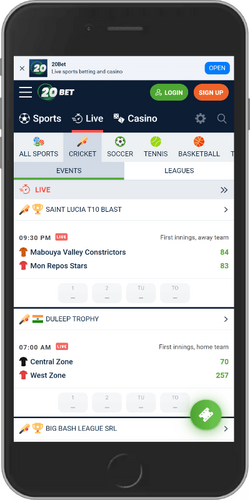 20Bet mobile app for Cricket