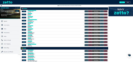 Screenshot of the Zetto sport page